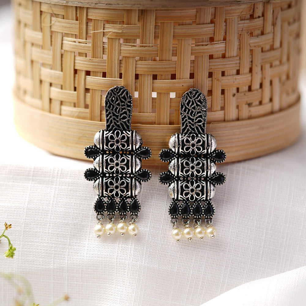ManiStambh – Silver Brass Oxidised Dangler Earrings (Black)