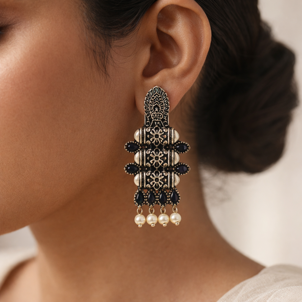 ManiStambh – Silver Brass Oxidised Dangler Earrings (Black)