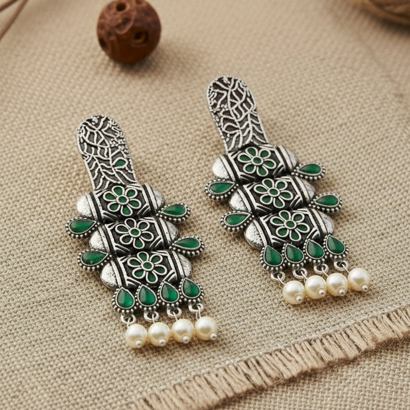 ManiStambh – Silver Brass Oxidised Dangler Earrings (Green)