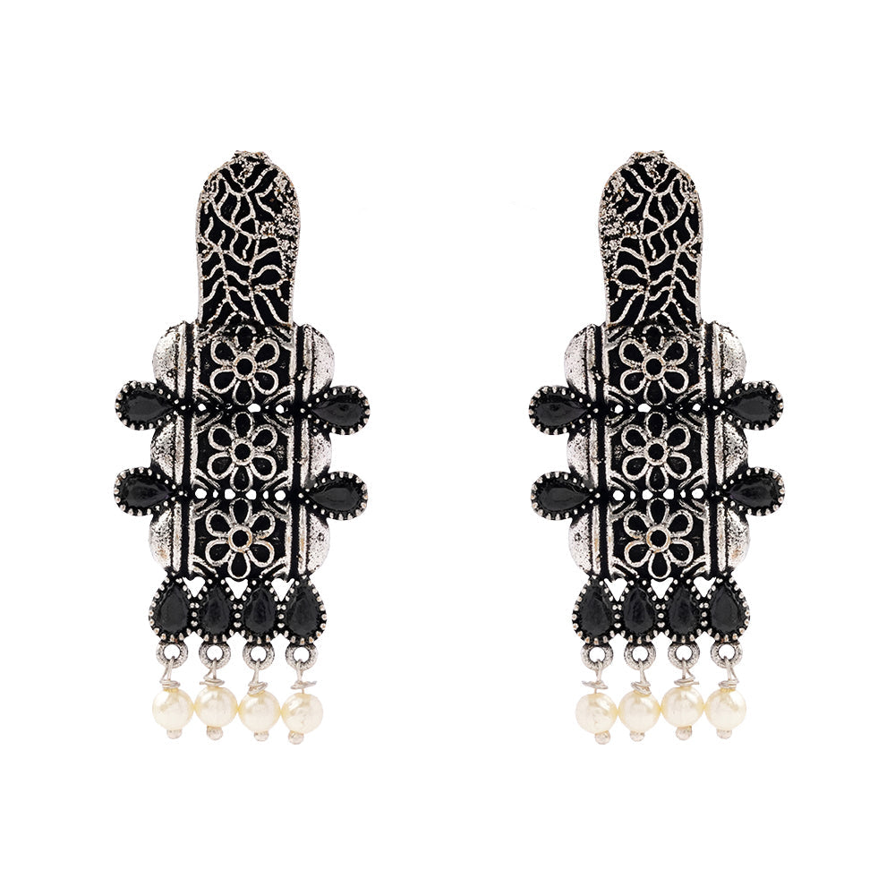 ManiStambh – Silver Brass Oxidised Dangler Earrings (Black)