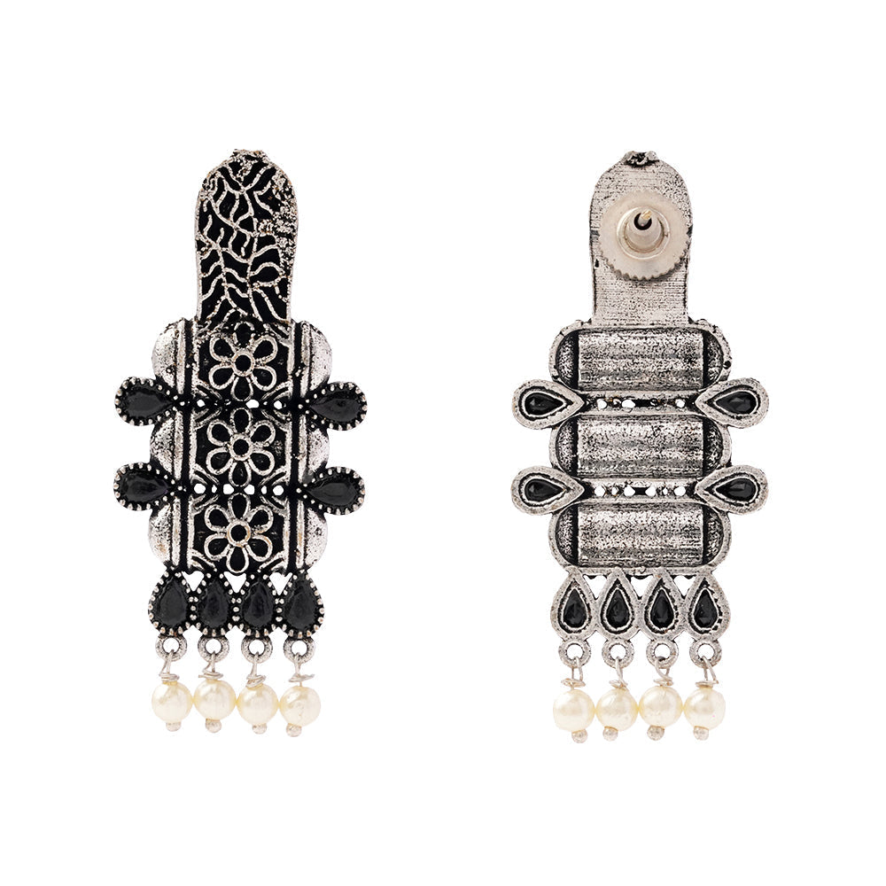 ManiStambh – Silver Brass Oxidised Dangler Earrings (Black)
