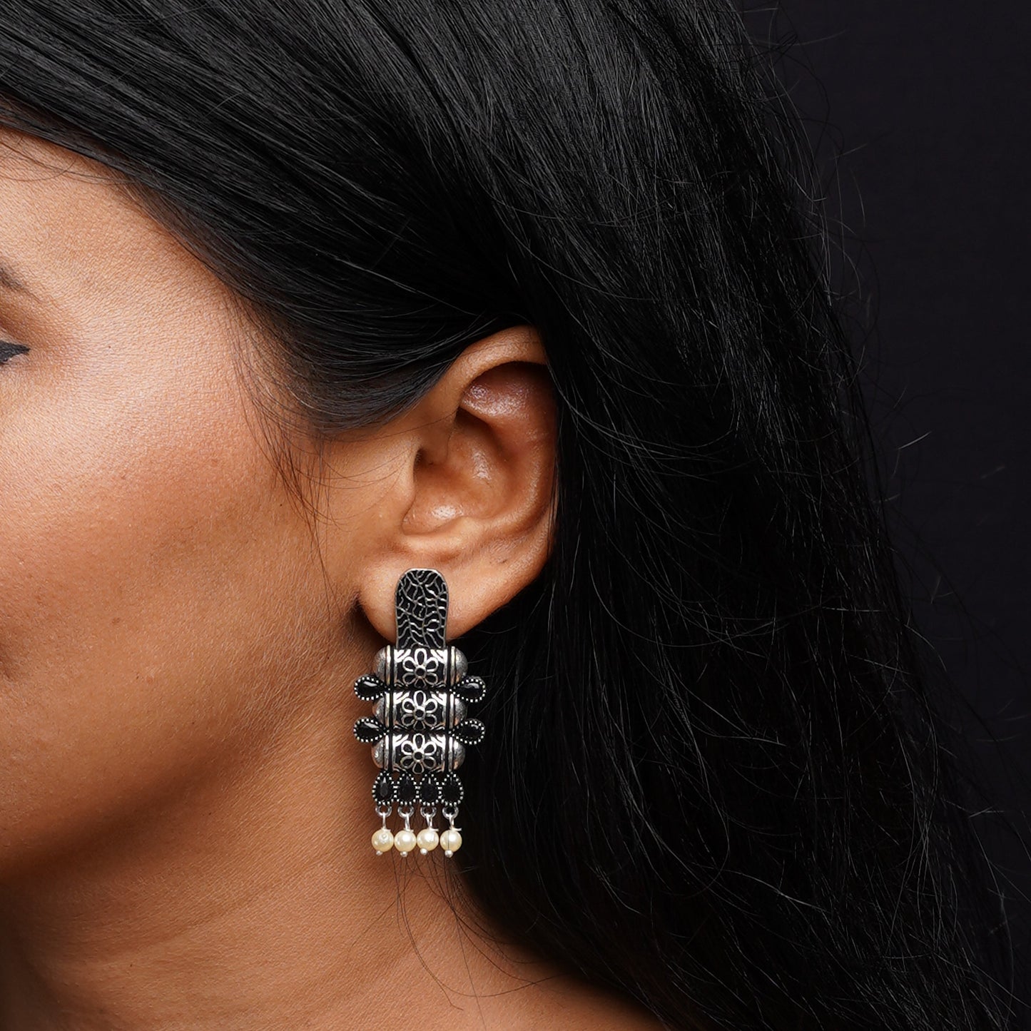 ManiStambh – Silver Brass Oxidised Dangler Earrings (Black)
