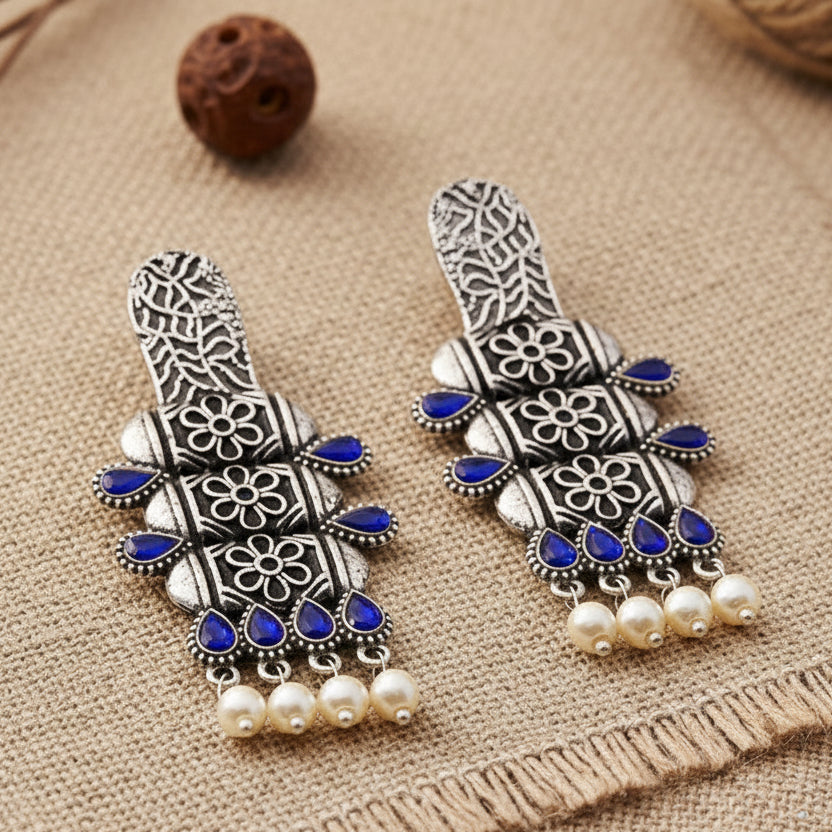 ManiStambh – Silver Brass Oxidised Dangler Earrings (Blue)