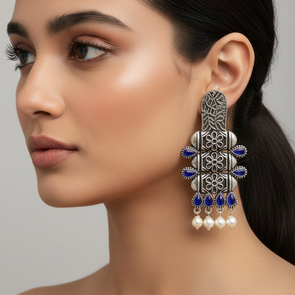 ManiStambh – Silver Brass Oxidised Dangler Earrings (Blue)