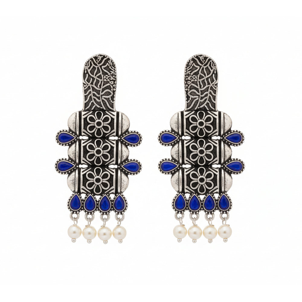 ManiStambh – Silver Brass Oxidised Dangler Earrings (Blue)