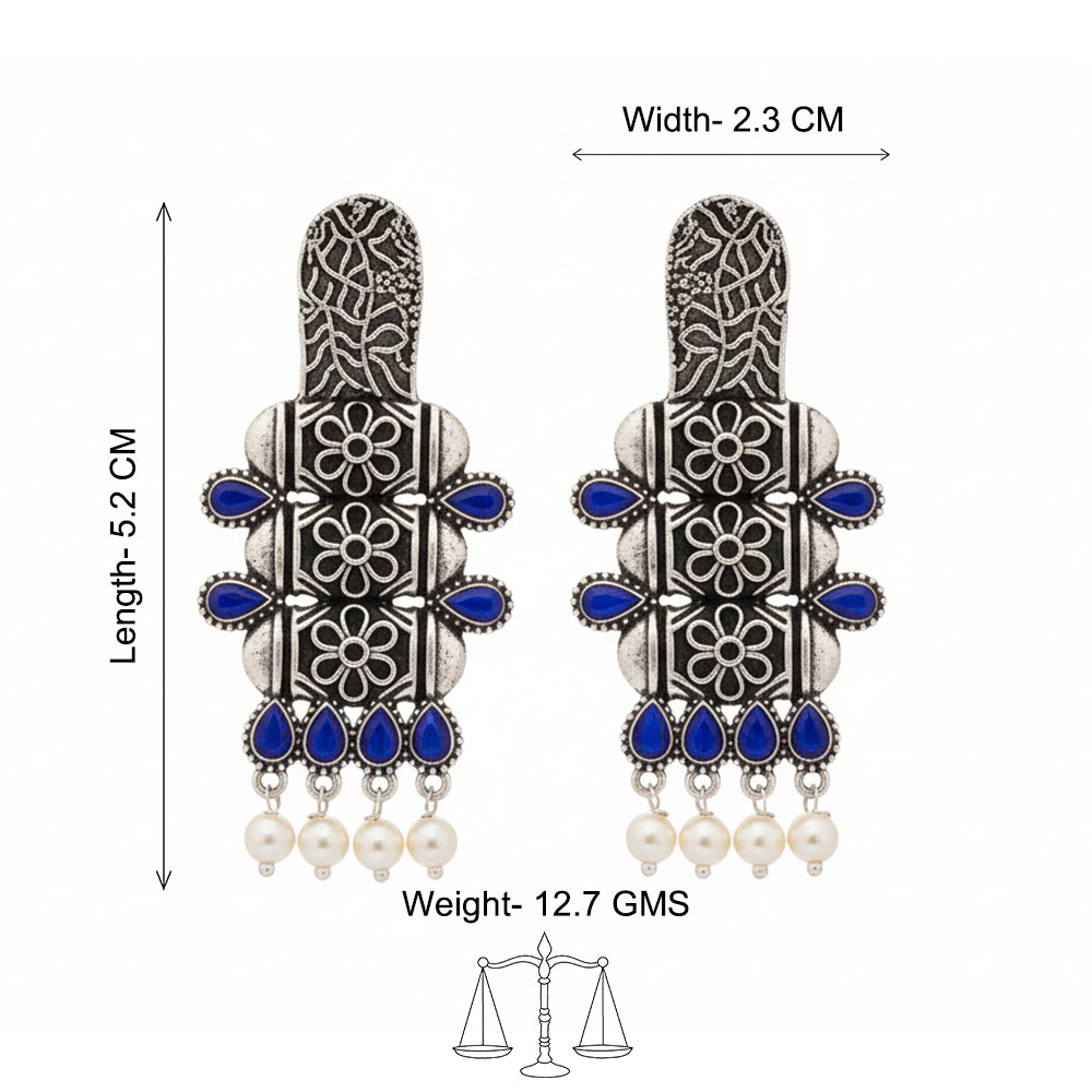 ManiStambh – Silver Brass Oxidised Dangler Earrings (Blue)