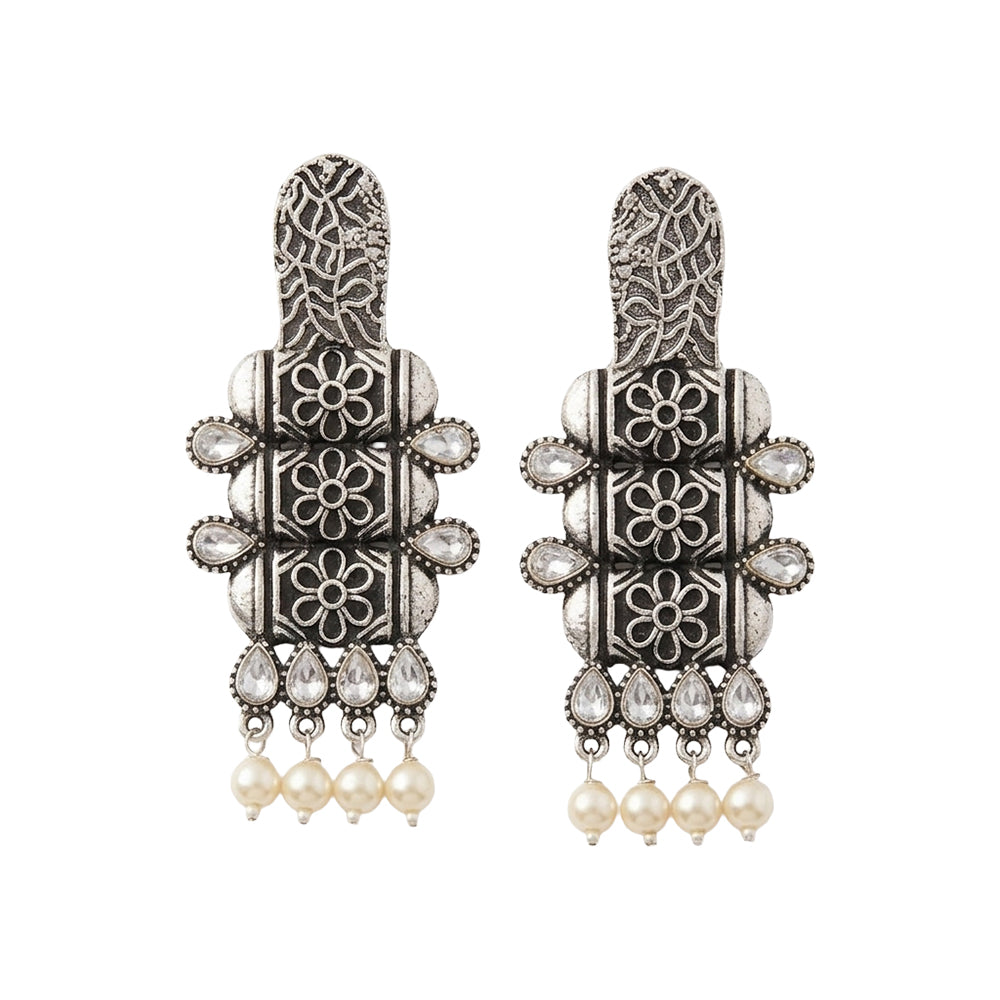 ManiStambh – Silver Brass Oxidised Dangler Earrings (White)