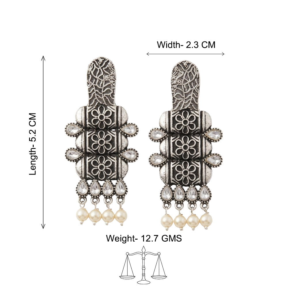 ManiStambh – Silver Brass Oxidised Dangler Earrings (White)