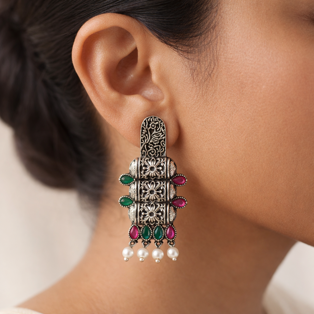 ManiStambh – Silver Brass Oxidised Dangler Earrings (Multicolored)
