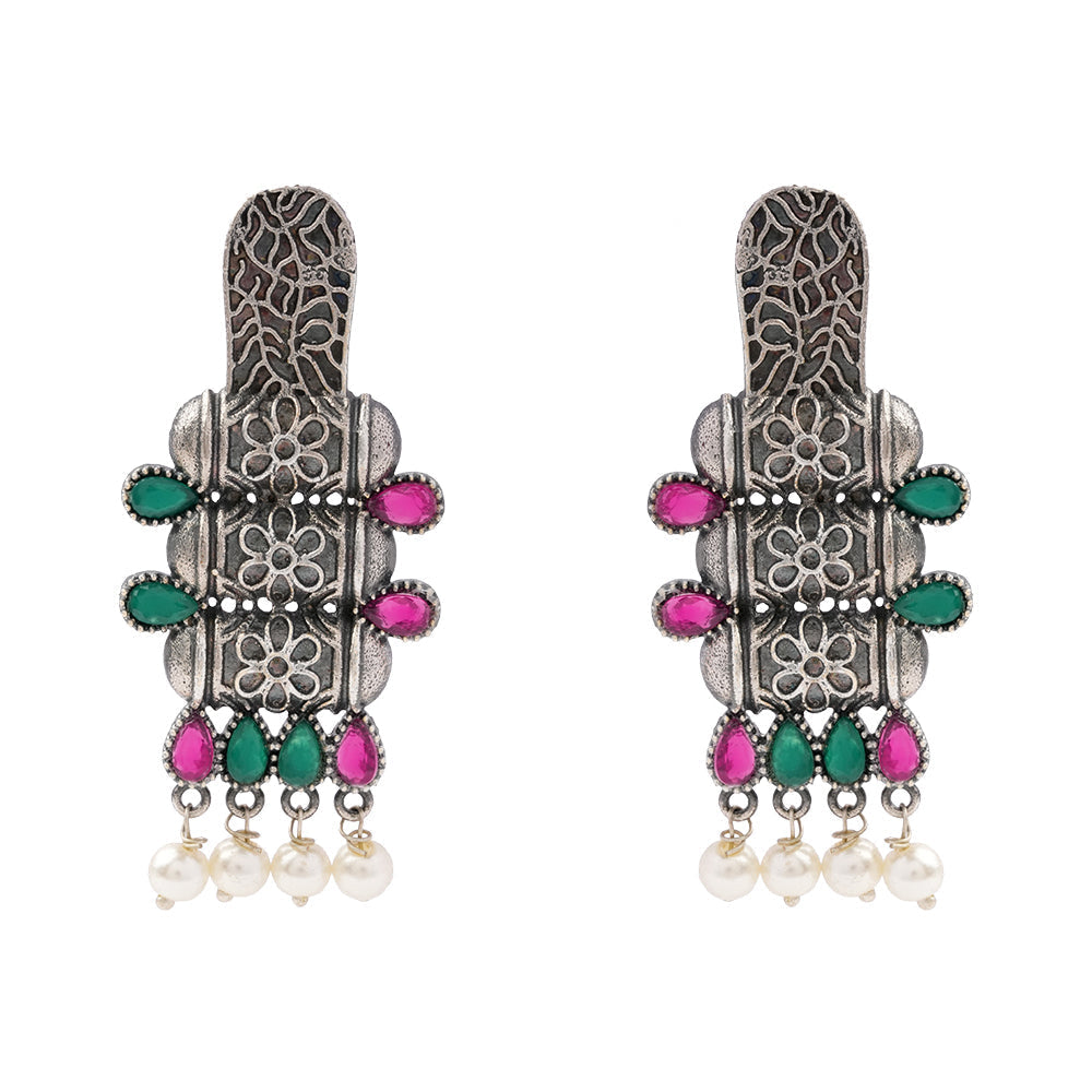 ManiStambh – Silver Brass Oxidised Dangler Earrings (Multicolored)