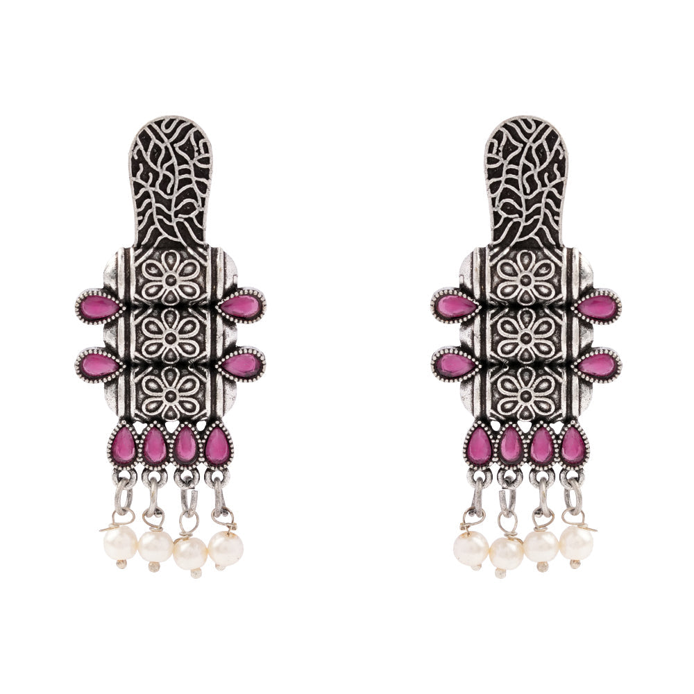 ManiStambh – Silver Brass Oxidised Dangler Earrings (Red)