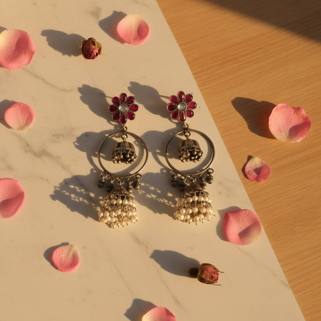 Red Stone Studded Silver Toned Handcrafted Earrings with Hanging Pearls
