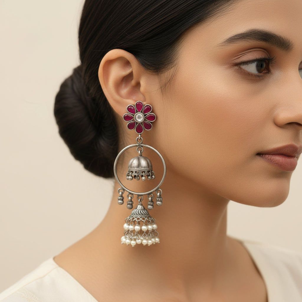Red Stone Studded Silver Toned Handcrafted Earrings with Hanging Pearls