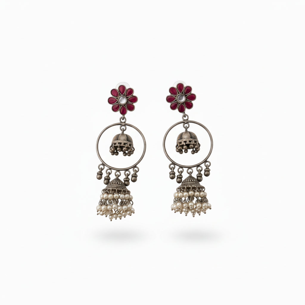 Red Stone Studded Silver Toned Handcrafted Earrings with Hanging Pearls
