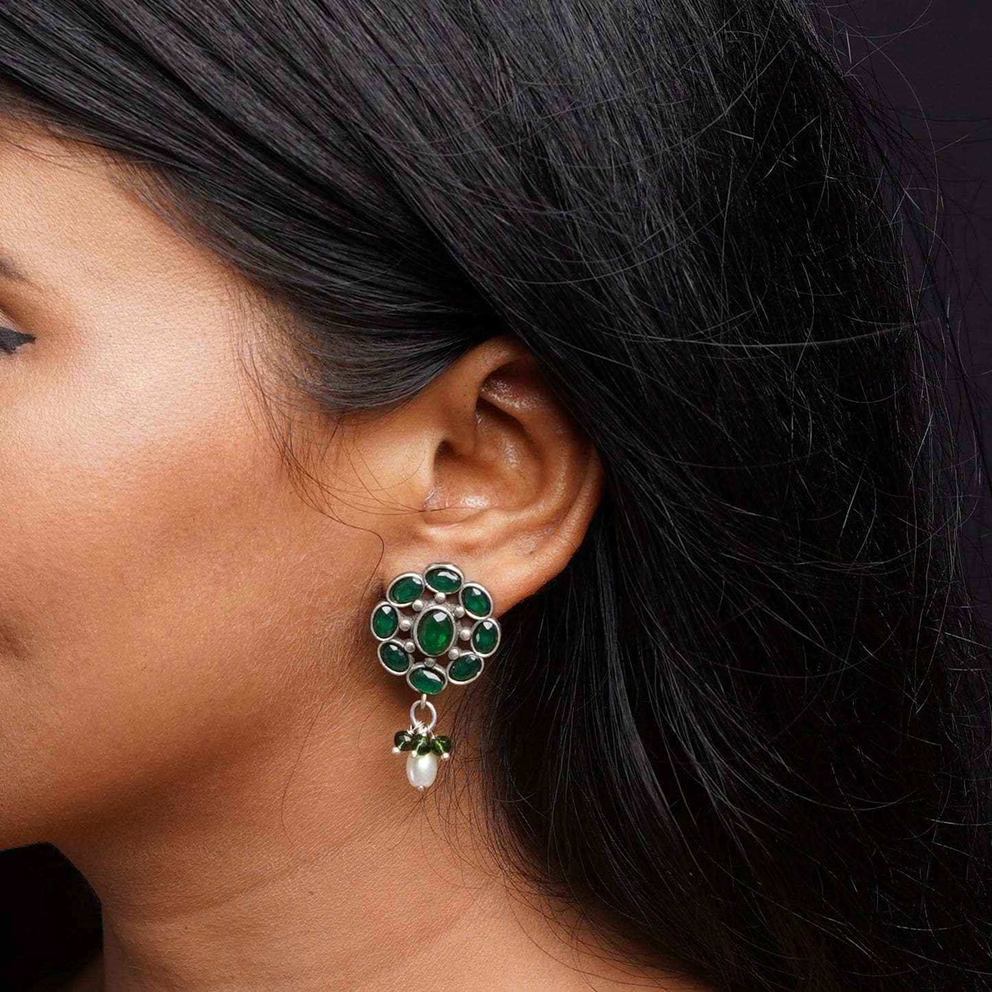Harit- Silver Brass Stone-Studded Dangler Earrings