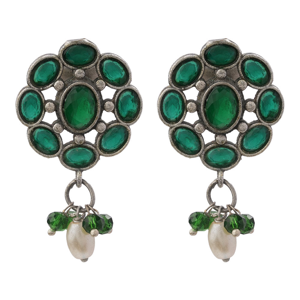 Harit- Silver Brass Stone-Studded Dangler Earrings