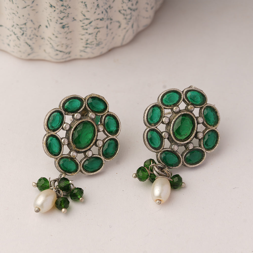 Harit- Silver Brass Stone-Studded Dangler Earrings
