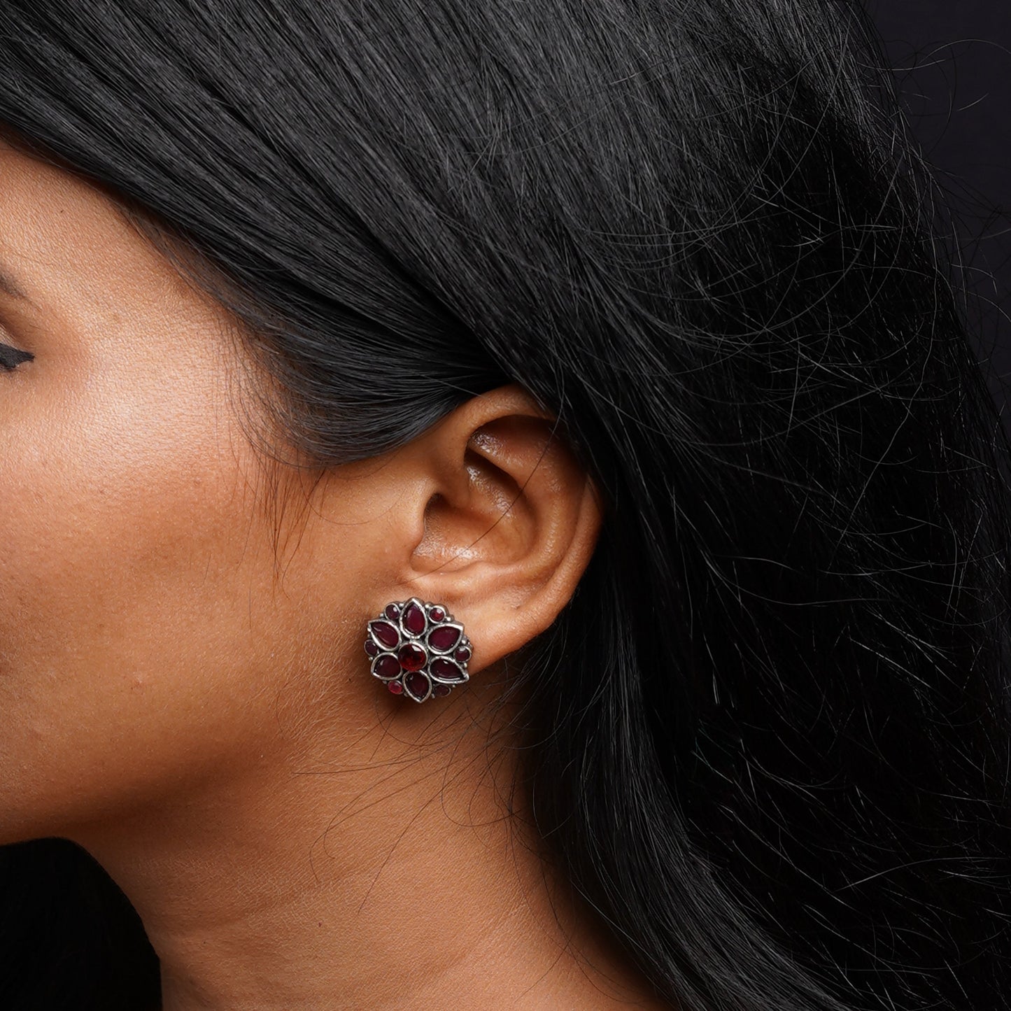 Kusuma- Silver oxidised Stone-Studded stud earrings