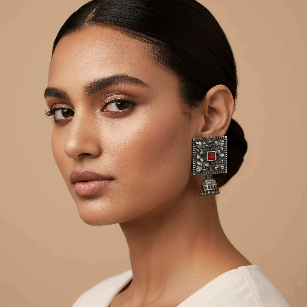 Chaukri- Silver Brass jhumka earrings