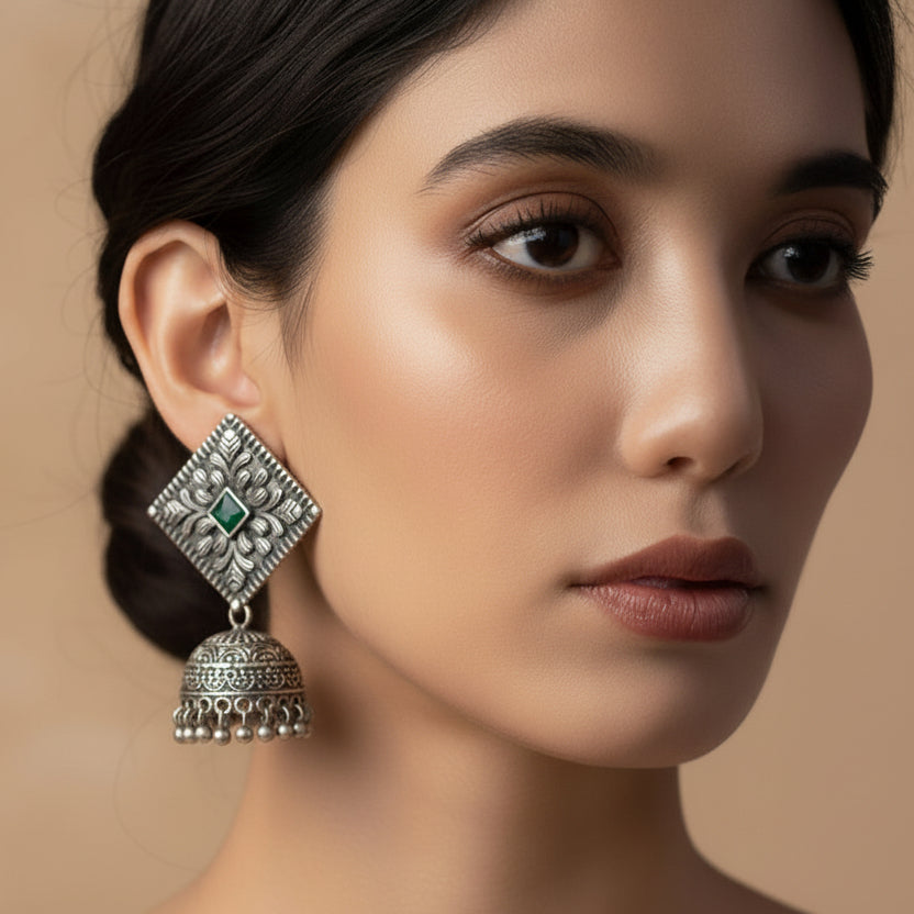Manika- Silver Brass Pearl jhumka earrings (Green)