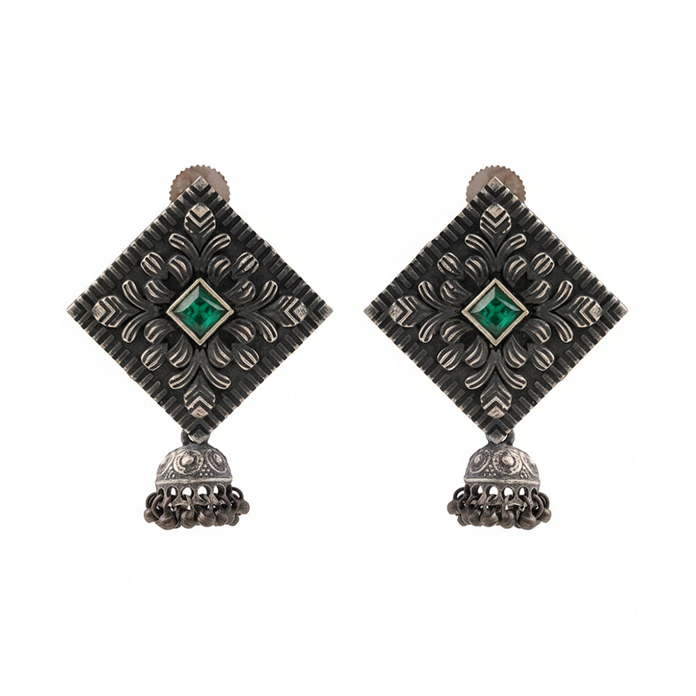 Manika- Silver Brass Pearl jhumka earrings (Green)