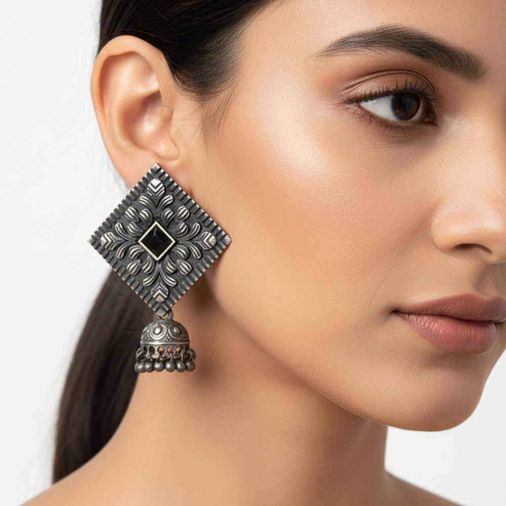 Manika- Silver Brass Pearl jhumka earrings (Black)