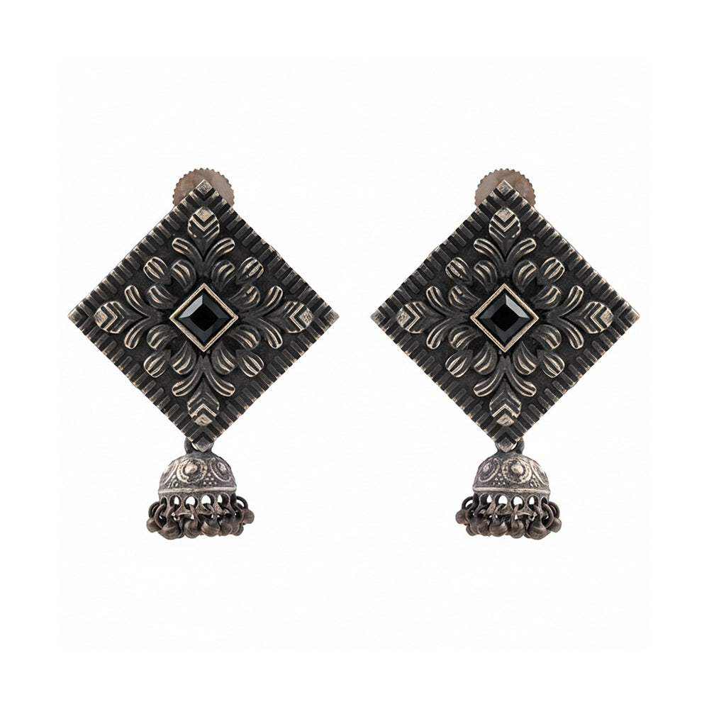 Manika- Silver Brass Pearl jhumka earrings (Black)
