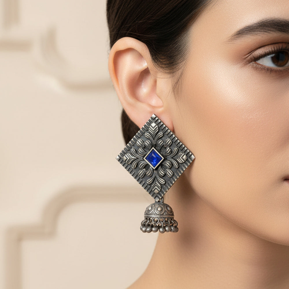 Manika- Silver Brass Pearl jhumka earrings (Blue)