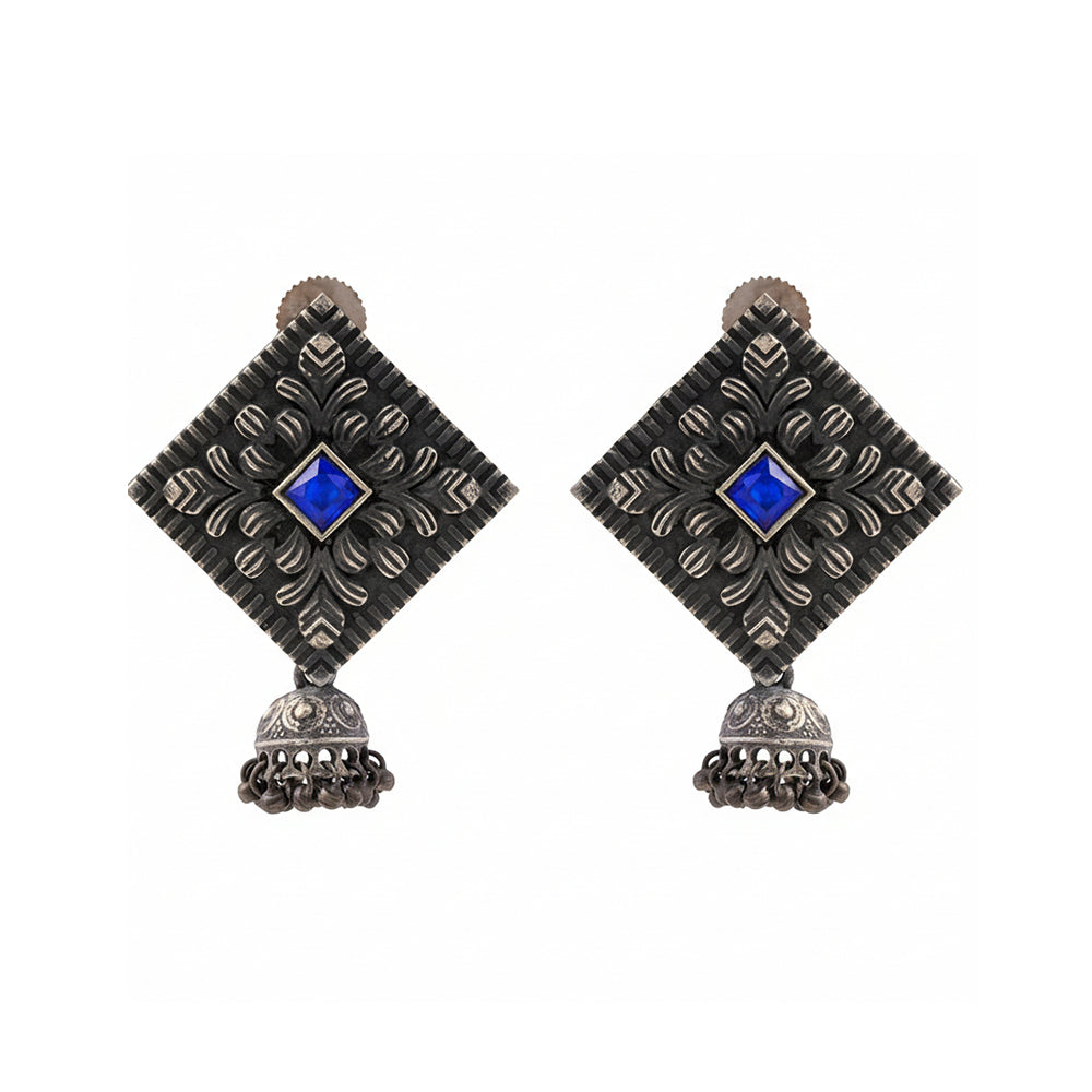 Manika- Silver Brass Pearl jhumka earrings (Blue)