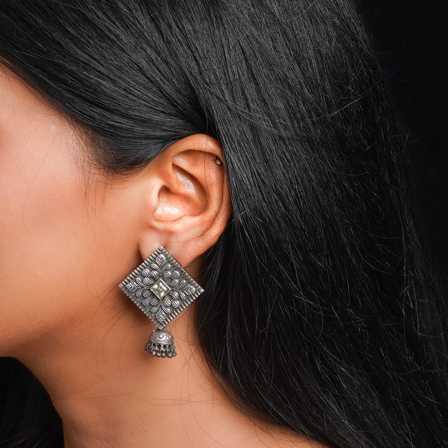 Manika- Silver Brass Pearl jhumka earrings