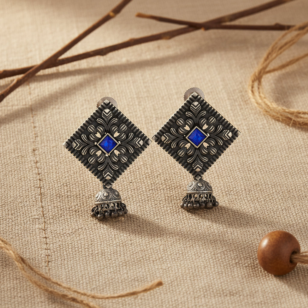 Manika- Silver Brass Pearl jhumka earrings (Blue)