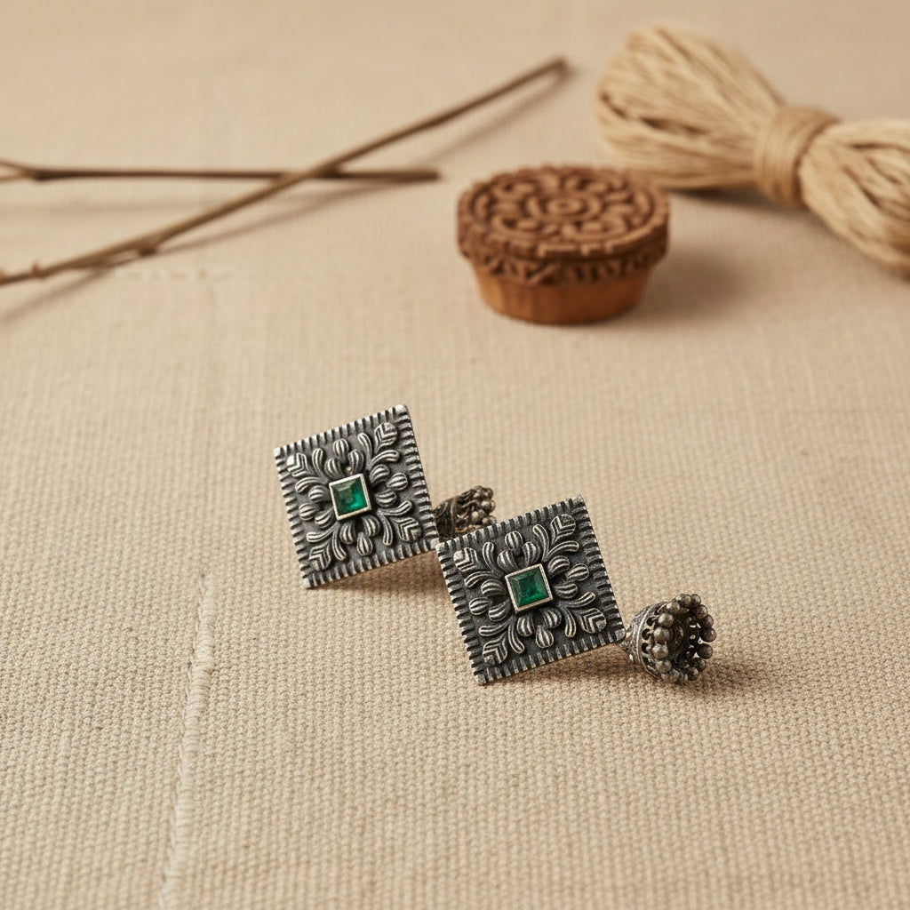 Manika- Silver Brass Pearl jhumka earrings (Green)