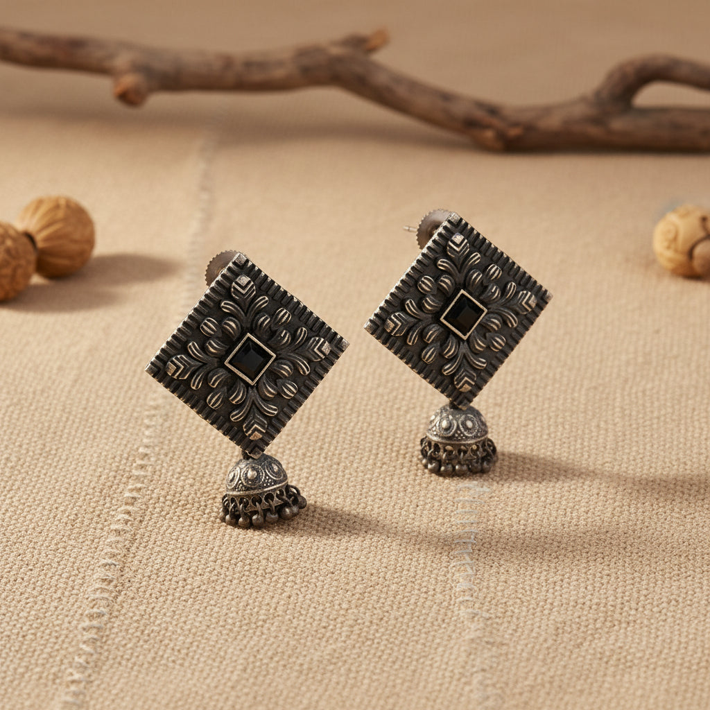 Manika- Silver Brass Pearl jhumka earrings (Black)