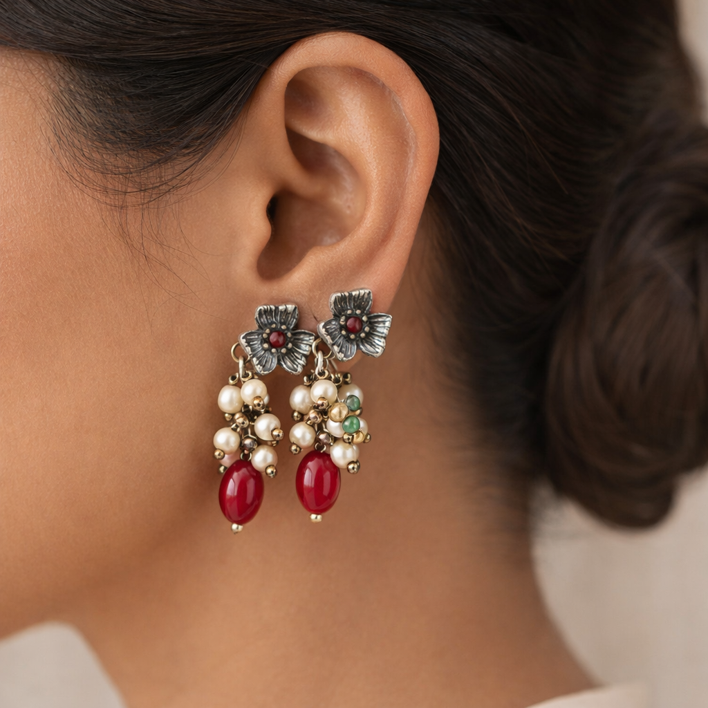 KusumMoti- Silver Brass Pearl stud earrings(Red)