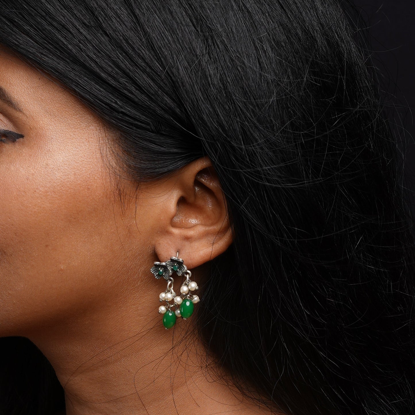 KusumMoti- Silver Brass Pearl stud earrings(Green)