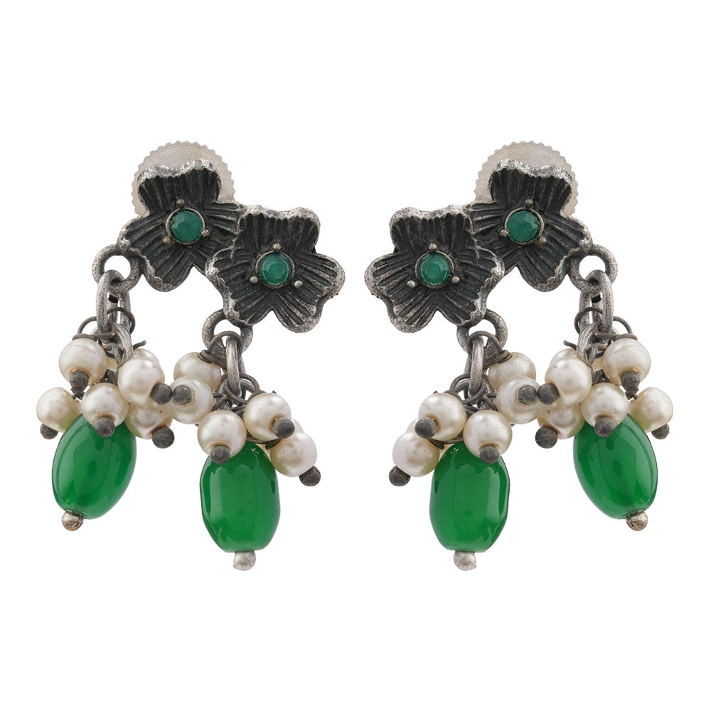 KusumMoti- Silver Brass Pearl stud earrings(Green)