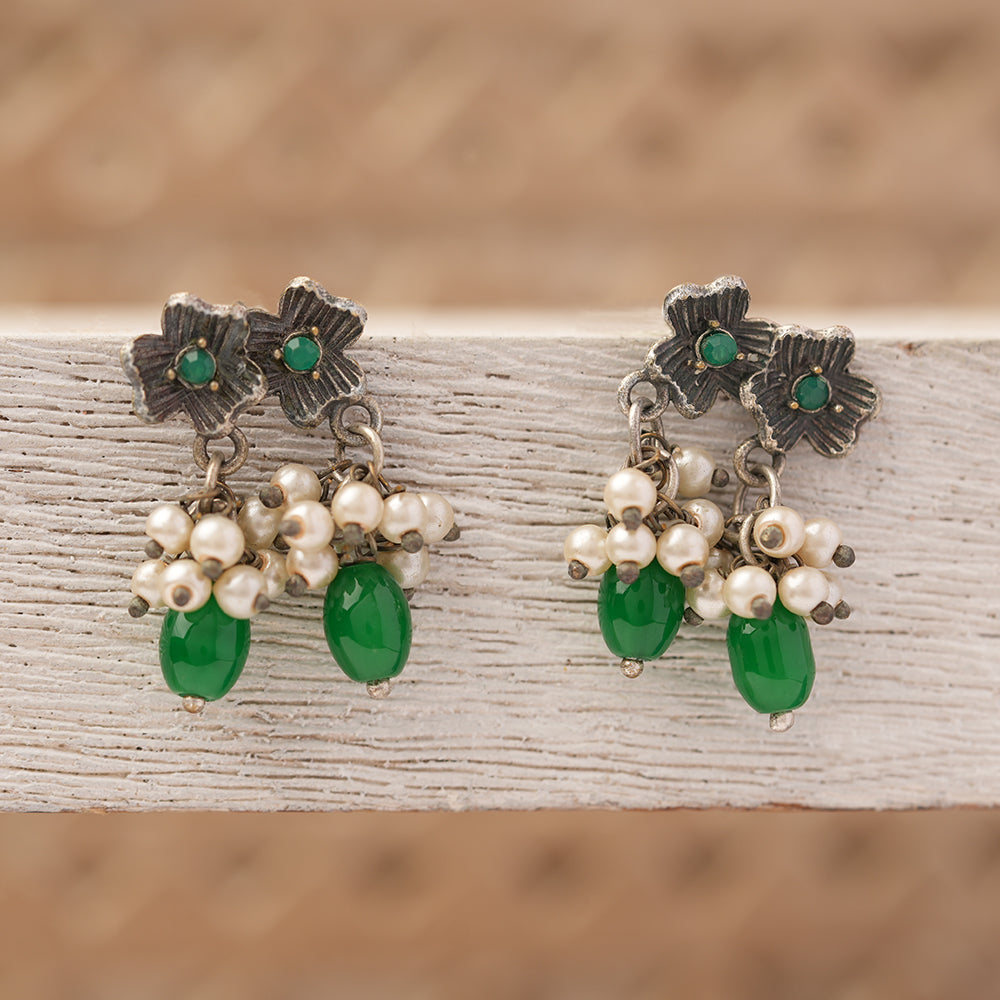 KusumMoti- Silver Brass Pearl stud earrings(Green)