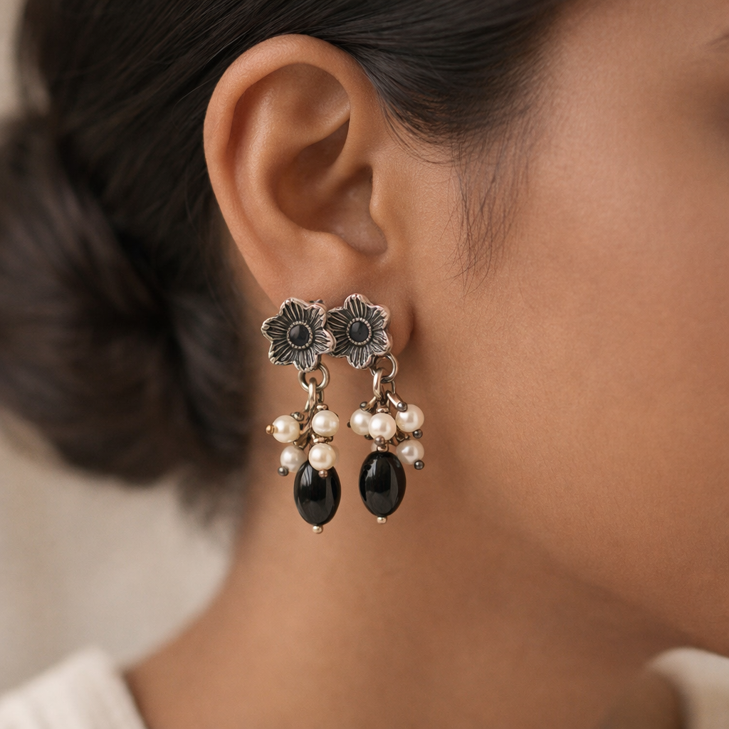 KusumMoti- Silver Brass Pearl Stud Earrings(Black)