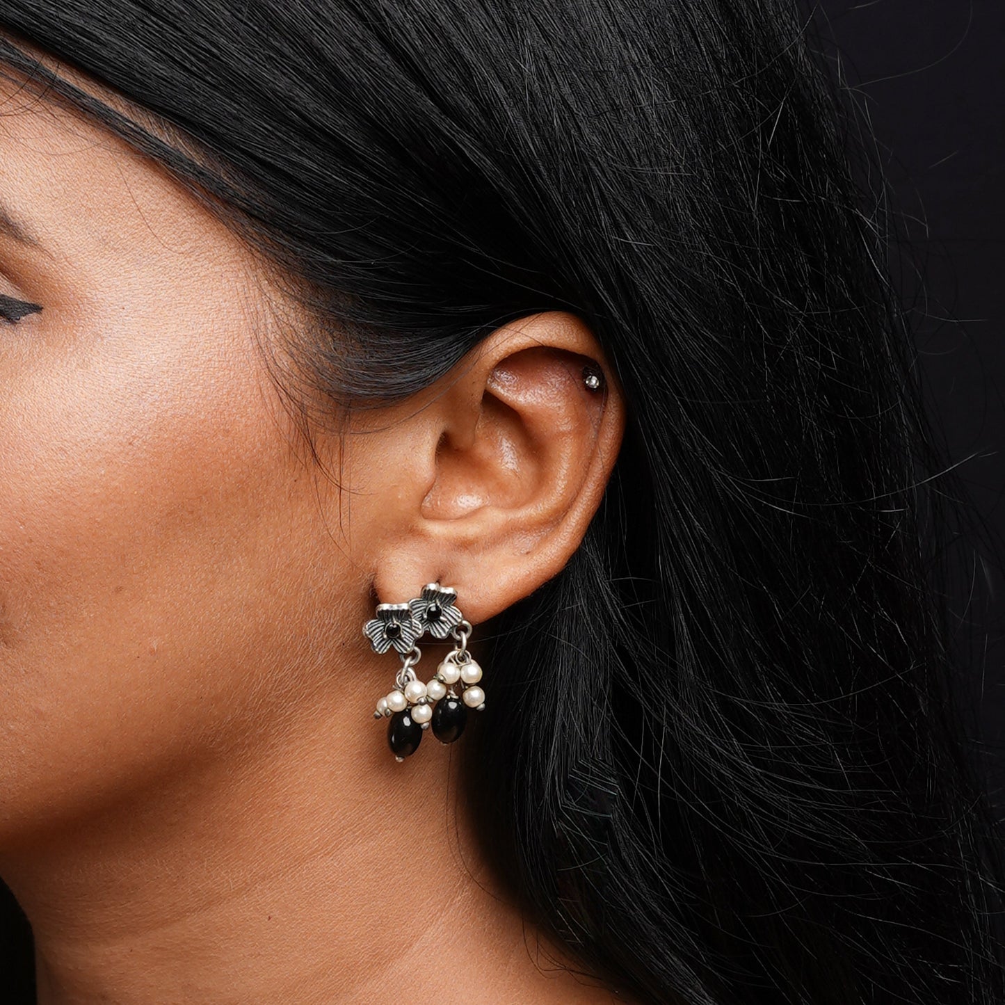 KusumMoti- Silver Brass Pearl Stud Earrings(Black)
