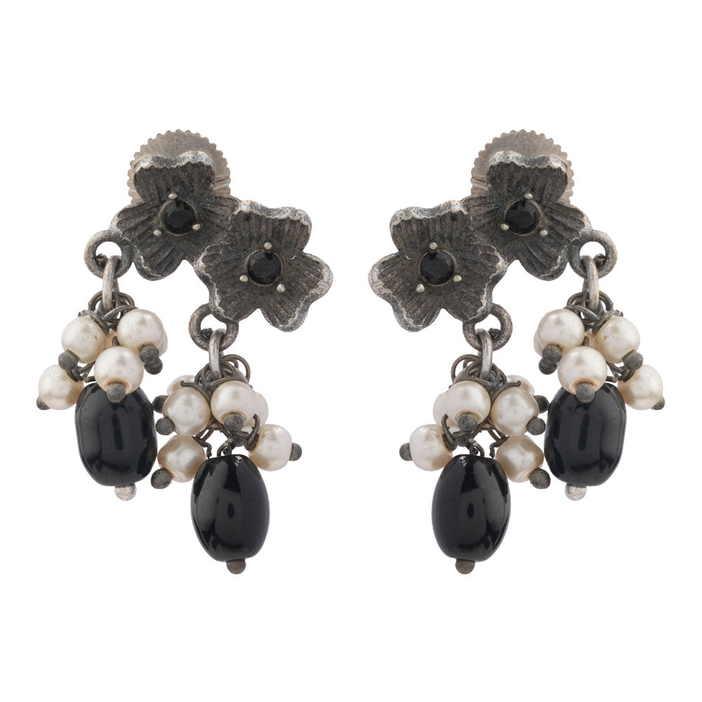 KusumMoti- Silver Brass Pearl Stud Earrings(Black)