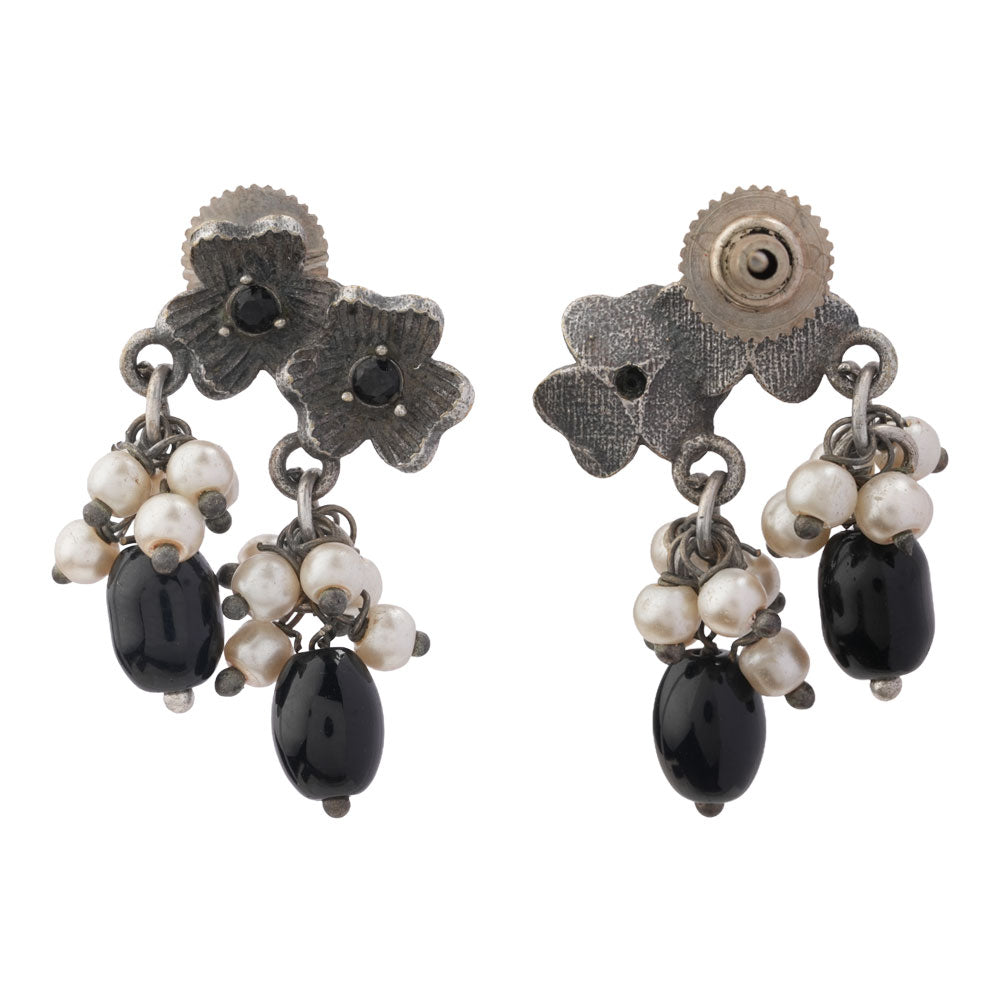 KusumMoti- Silver Brass Pearl Stud Earrings(Black)