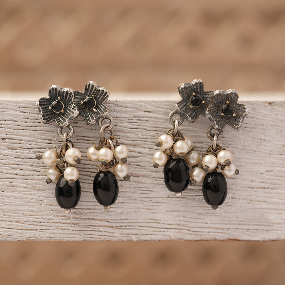 KusumMoti- Silver Brass Pearl Stud Earrings(Black)