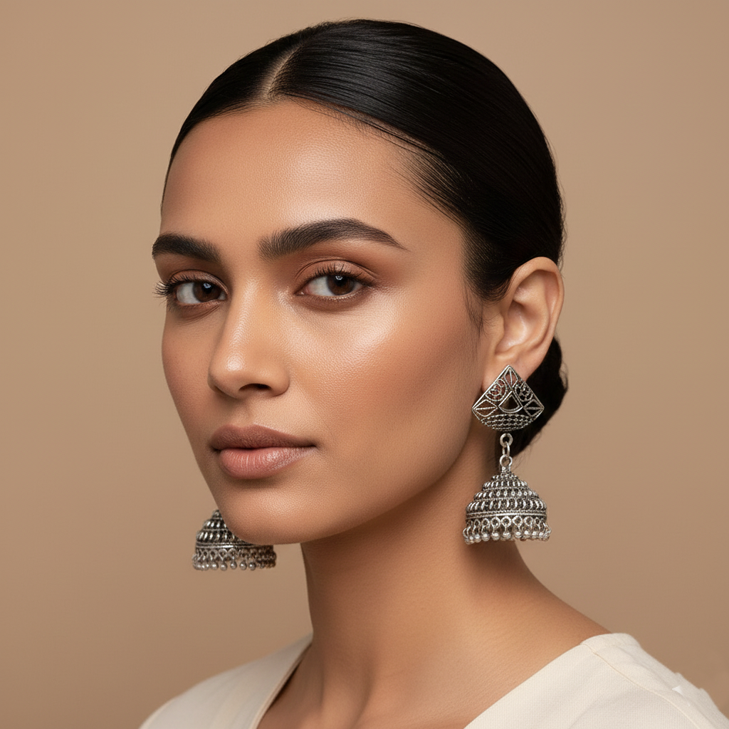 Leher- Silver Brass Pearl jhumka earrings