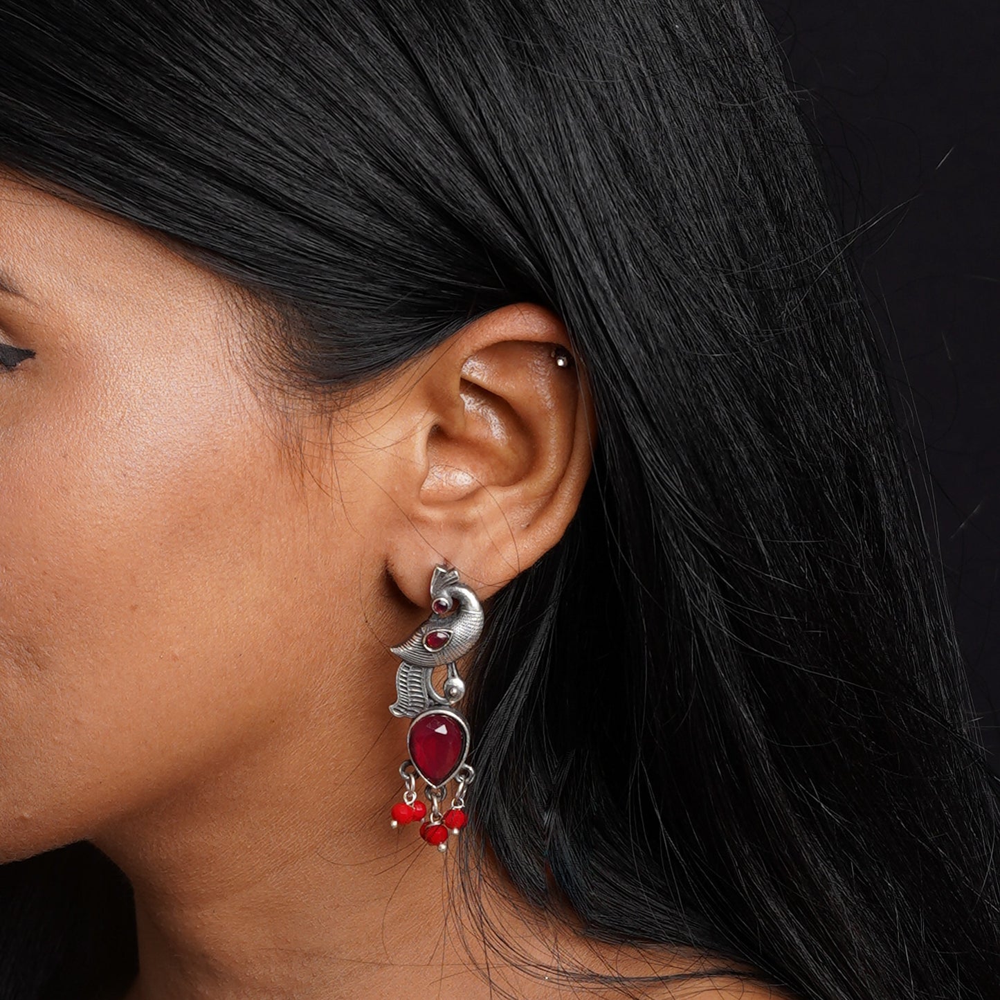 Morisha- Silver Brass Stone-Studded dangler earrings(Red)