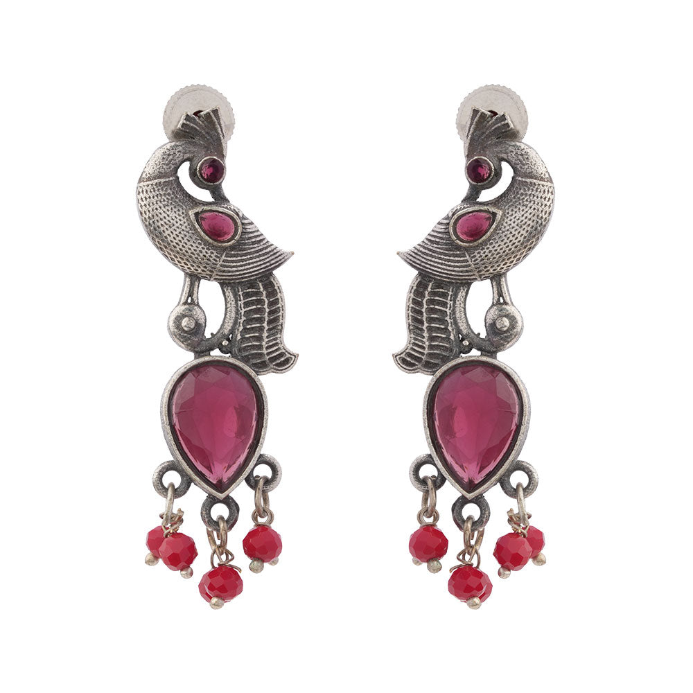 Morisha- Silver Brass Stone-Studded dangler earrings(Red)