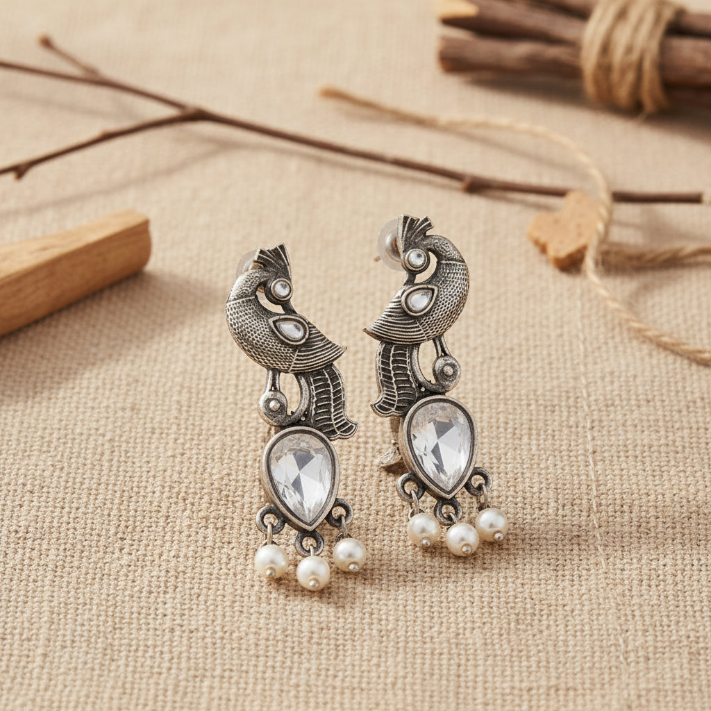 Morisha- Silver Brass Stone-Studded dangler earrings(White)