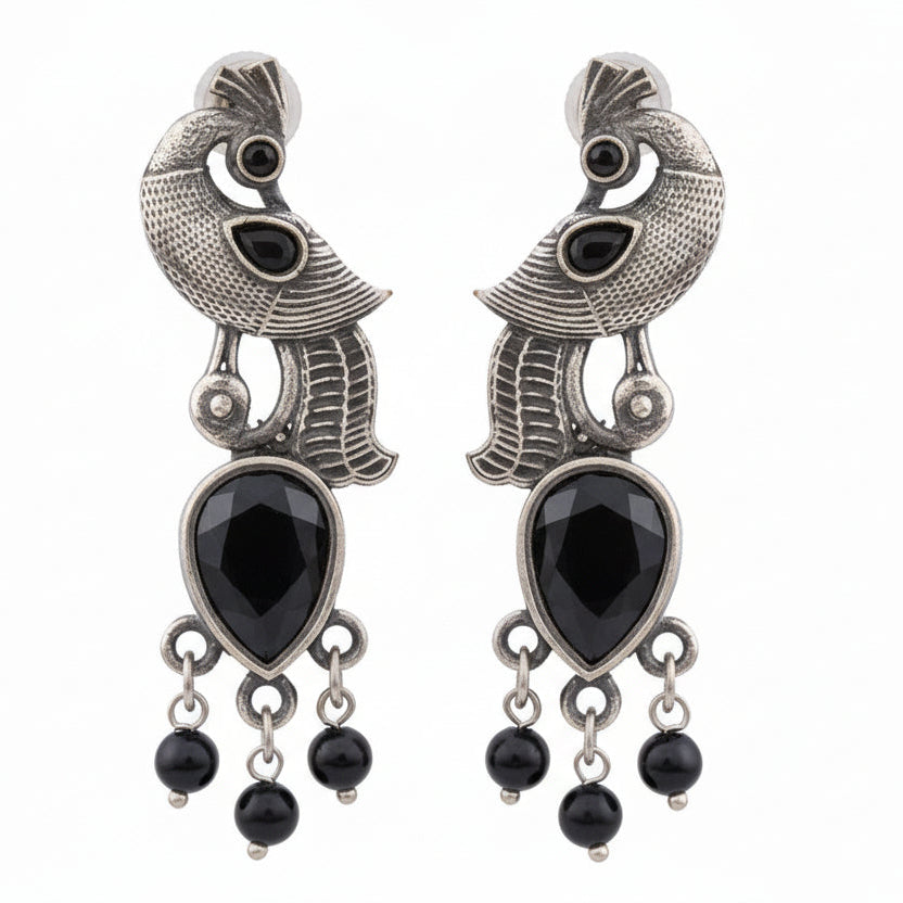 Morisha- Silver Brass Stone-Studded dangler earrings(Black)