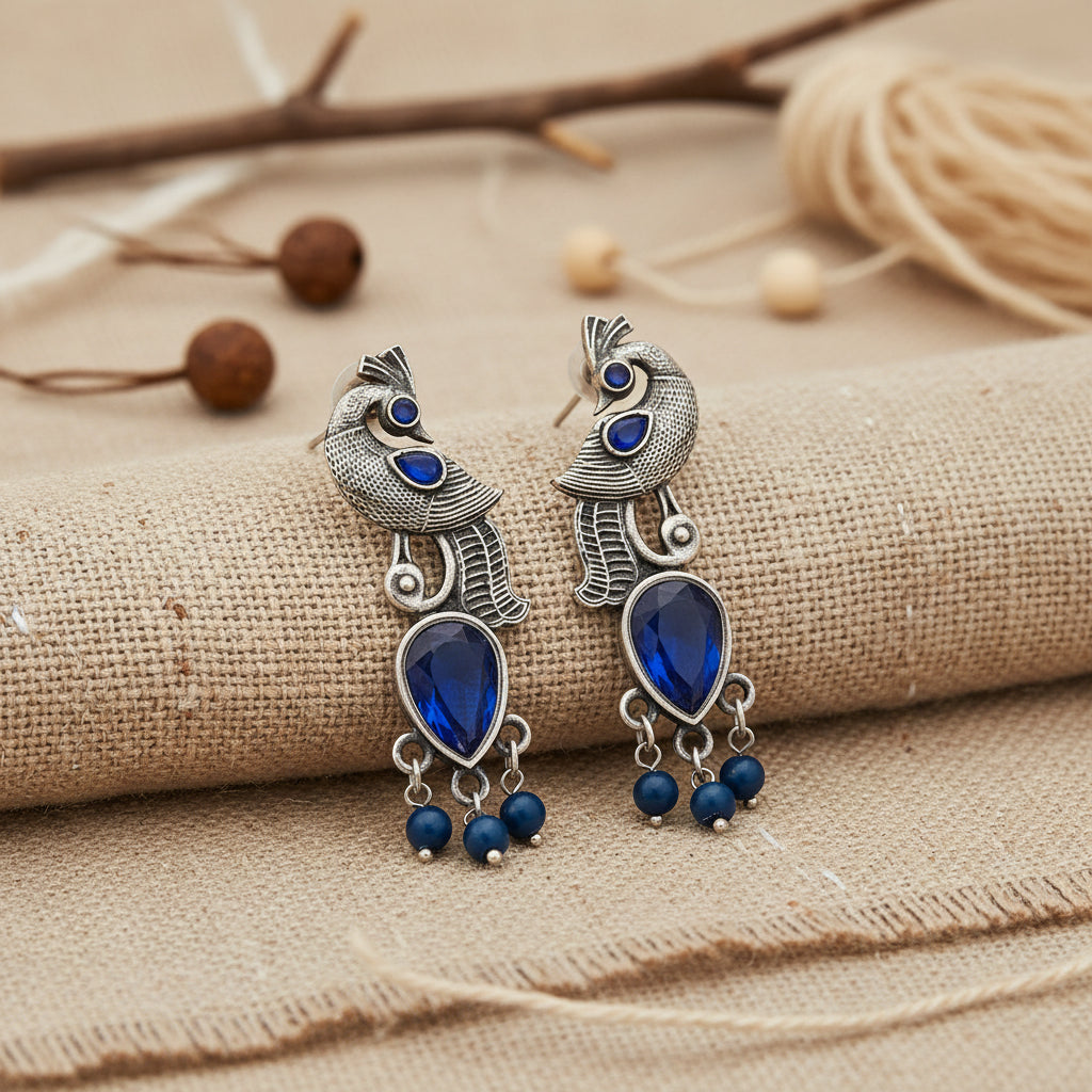 Morisha- Silver Brass Stone-Studded dangler earrings(Blue)