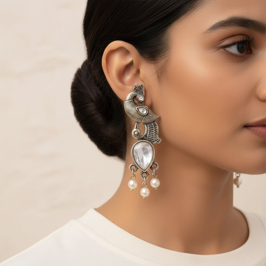 Morisha- Silver Brass Stone-Studded dangler earrings(White)