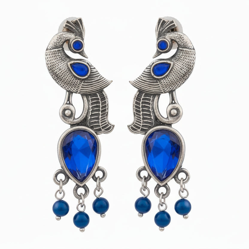 Morisha- Silver Brass Stone-Studded dangler earrings(Blue)